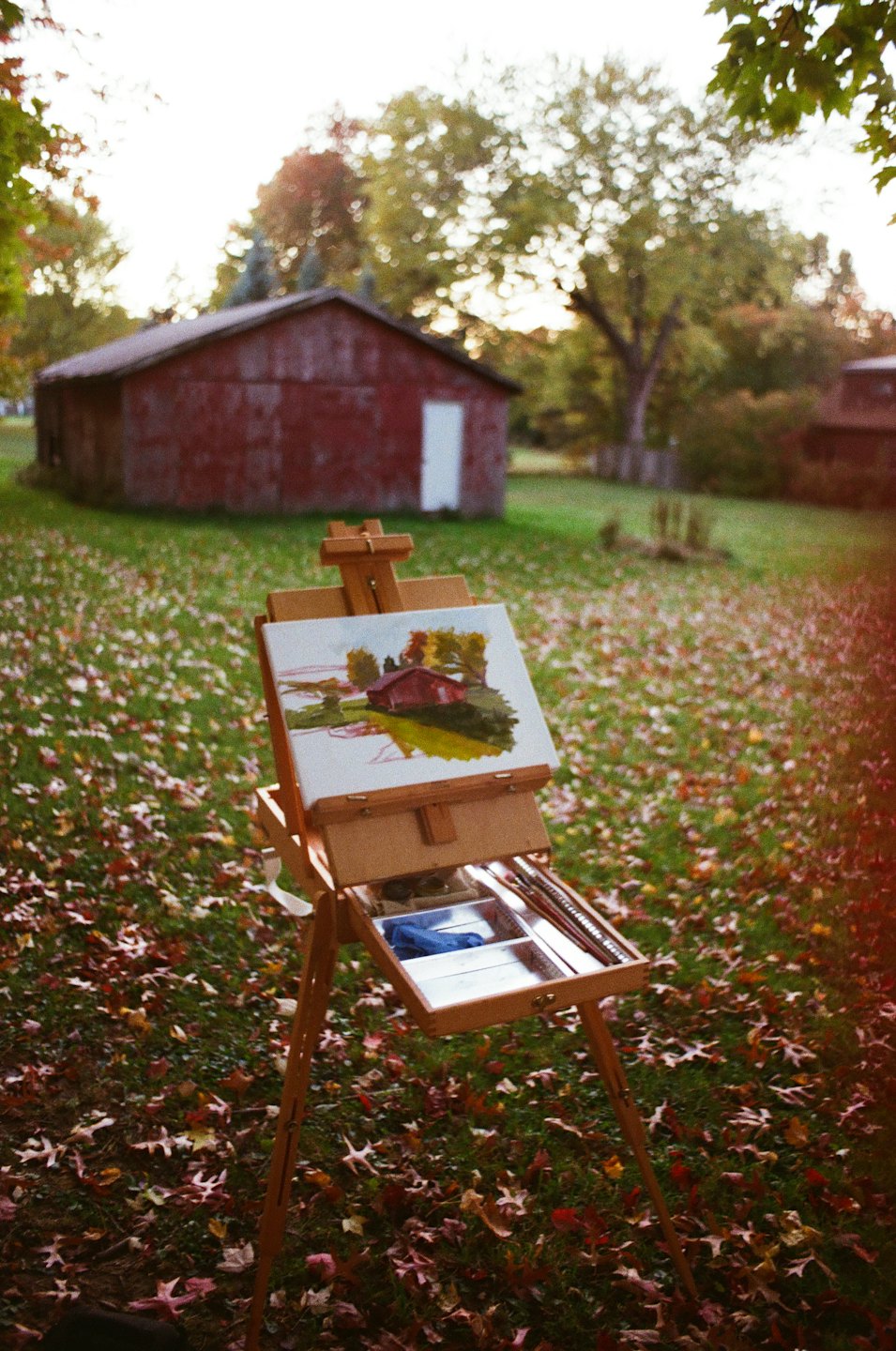 Wooden easel holding a painting in a field of autumn leaves.