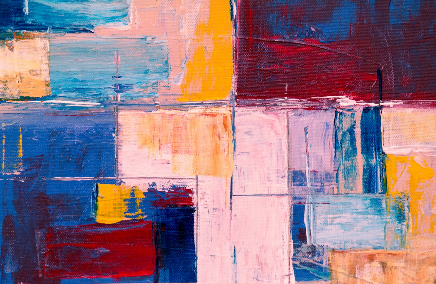 Abstract oil painting featuring textured geometric shapes and colorful brushstrokes.